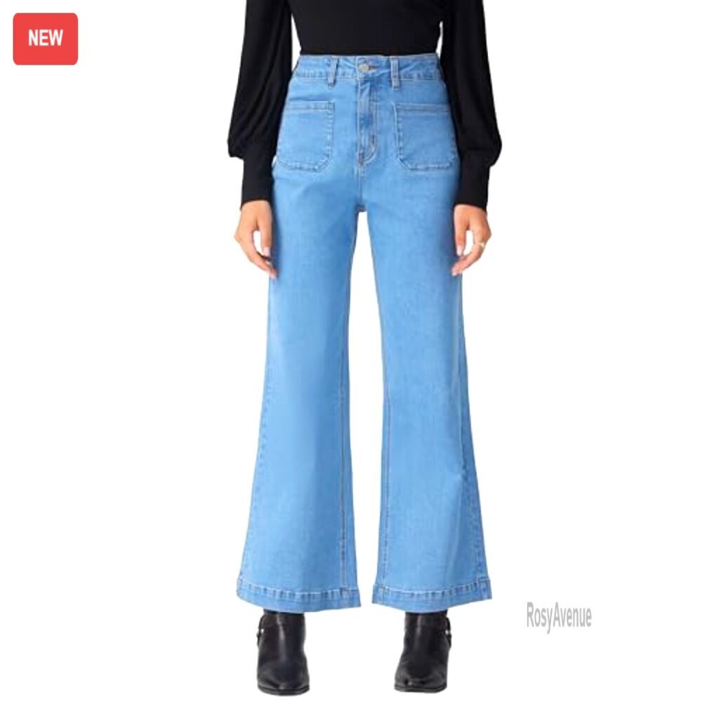 High Waisted Wide Leg Cropped Jeans Stretchy Denim Flared Pants with Pockets - Picture 3 of 6